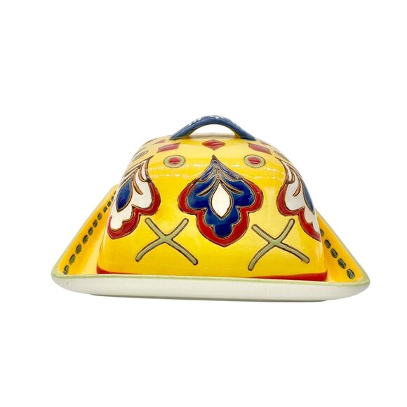 Dutch Wax Handpainted Ceramic Covered Butter Dish Square Yellow Colorful Vibrant - Picture 5 of 11
